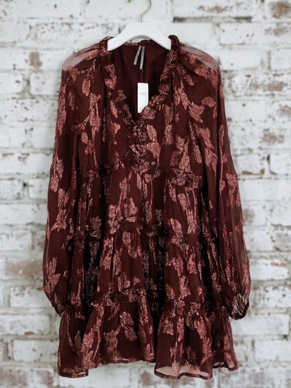 NWT Anthropologie Metallic Tiered Ruffle V-Neck Long Sleeve Mini Dress S